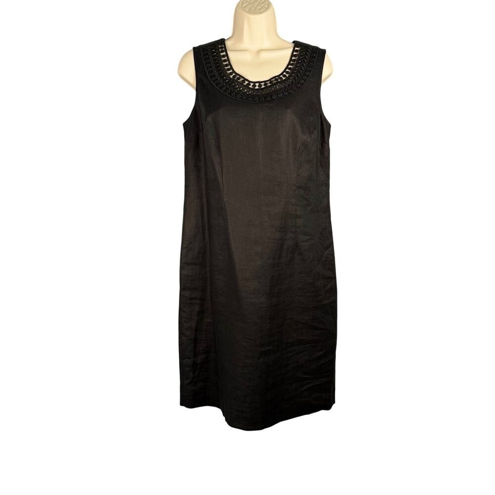 Kim Rogers Dress 10 Black Linen Guipure Lace Neckline‎ Lined Sheath Minimalist